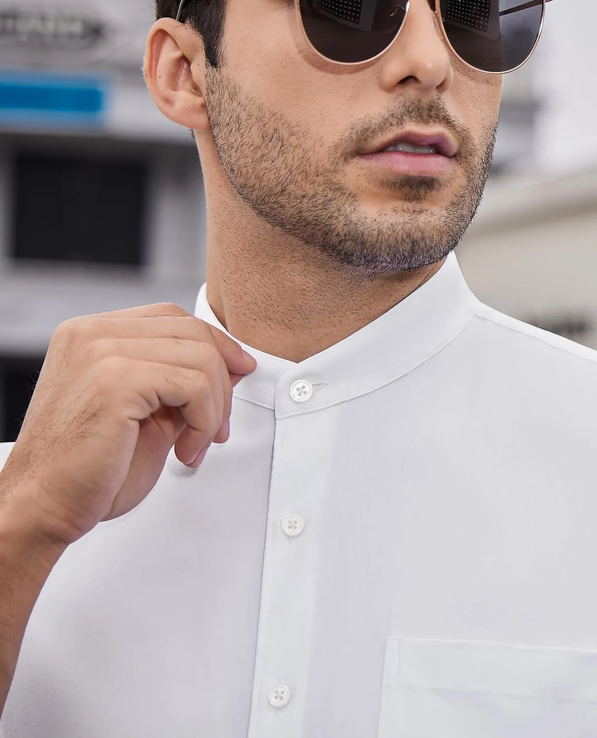 DEMEANOR Mens Banded Collar Dress Shirts Short Sleeve Stretch Collarless Dress Shirts for Men Casual Button Down Shirts