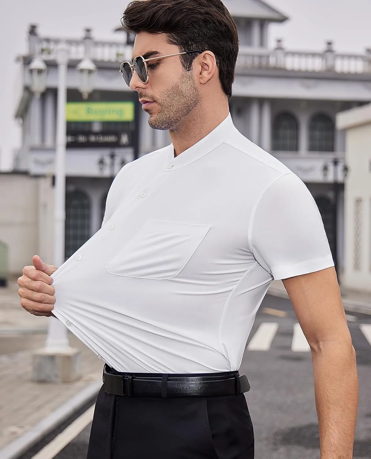 DEMEANOR Mens Banded Collar Dress Shirts Short Sleeve Stretch Collarless Dress Shirts for Men Casual Button Down Shirts