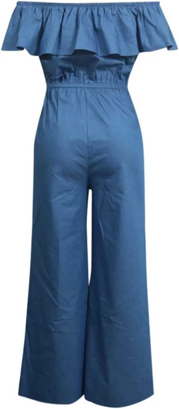 Denim Jumpsuit for Women,Cargo Jeans Jumpsuit Strapless Wide Leg Loose Baggy Romper One Shoulder Ruffle Jean Rompers