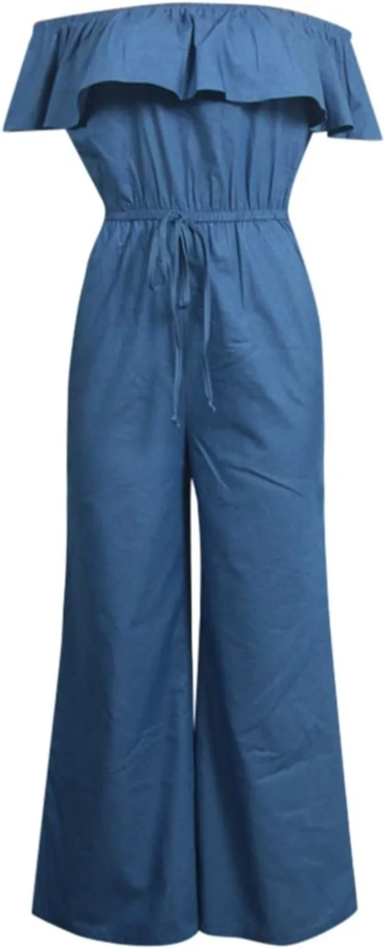 Denim Jumpsuit for Women,Cargo Jeans Jumpsuit Strapless Wide Leg Loose Baggy Romper One Shoulder Ruffle Jean Rompers