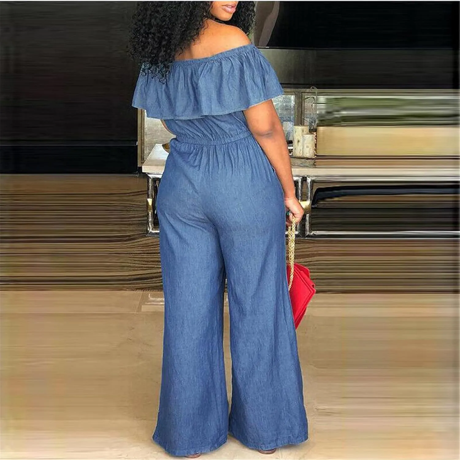 Denim Jumpsuit for Women,Cargo Jeans Jumpsuit Strapless Wide Leg Loose Baggy Romper One Shoulder Ruffle Jean Rompers