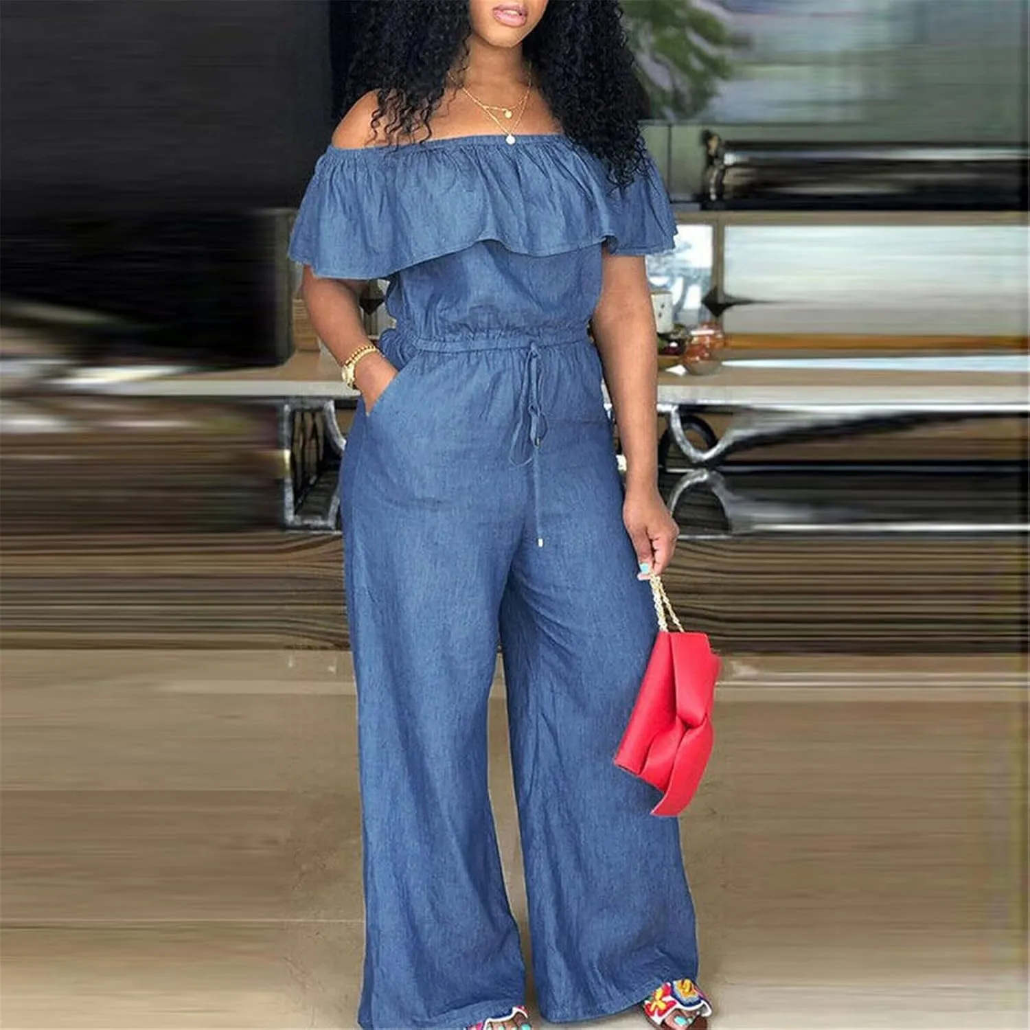 Denim Jumpsuit for Women,Cargo Jeans Jumpsuit Strapless Wide Leg Loose Baggy Romper One Shoulder Ruffle Jean Rompers