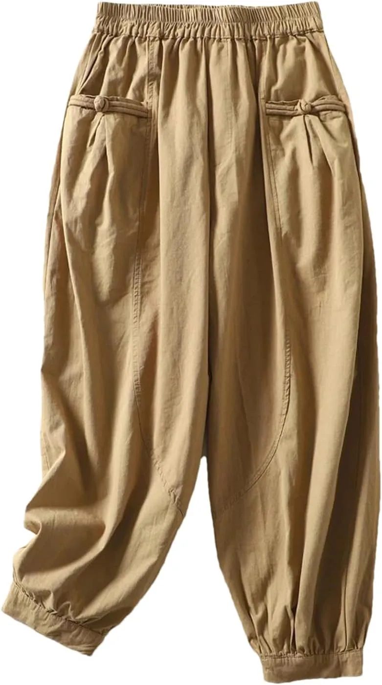 Dndrdhfb Women's Elastic Waist Wide Leg Pants Casual Pocket Pants Solid Color Harem Pants