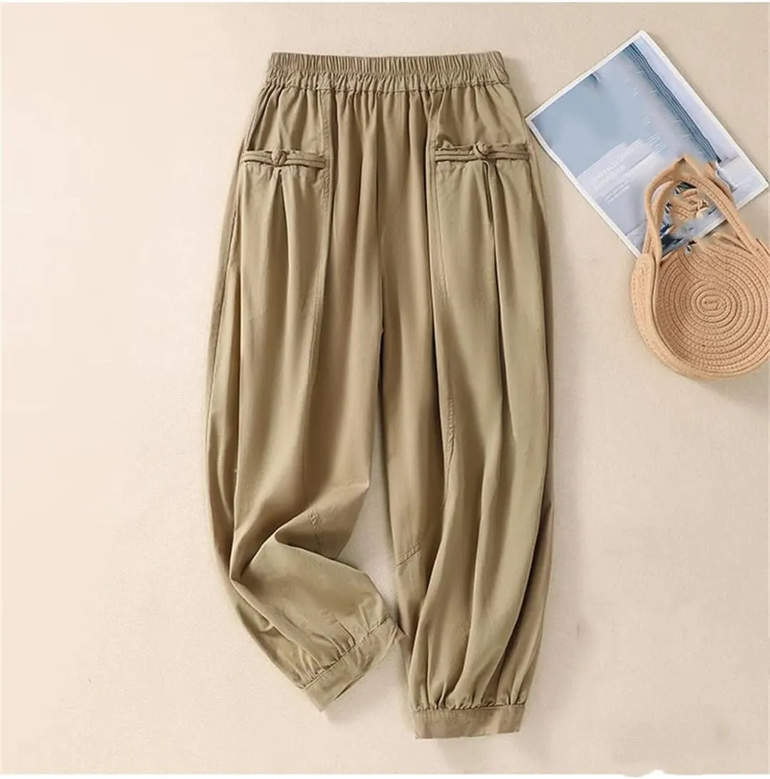 Dndrdhfb Women's Elastic Waist Wide Leg Pants Casual Pocket Pants Solid Color Harem Pants