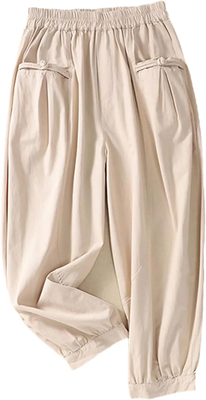 Dndrdhfb Women's Elastic Waist Wide Leg Pants Casual Pocket Pants Solid Color Harem Pants