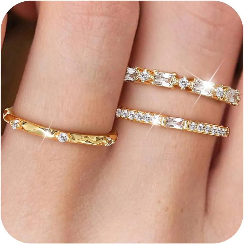 Dochais Dainty Cubic Zirconia Gold Rings for Women Non-Tarnish 14k Gold Plated Stackable Rings Wedding Engagement Finger Ring Set Size 5-9