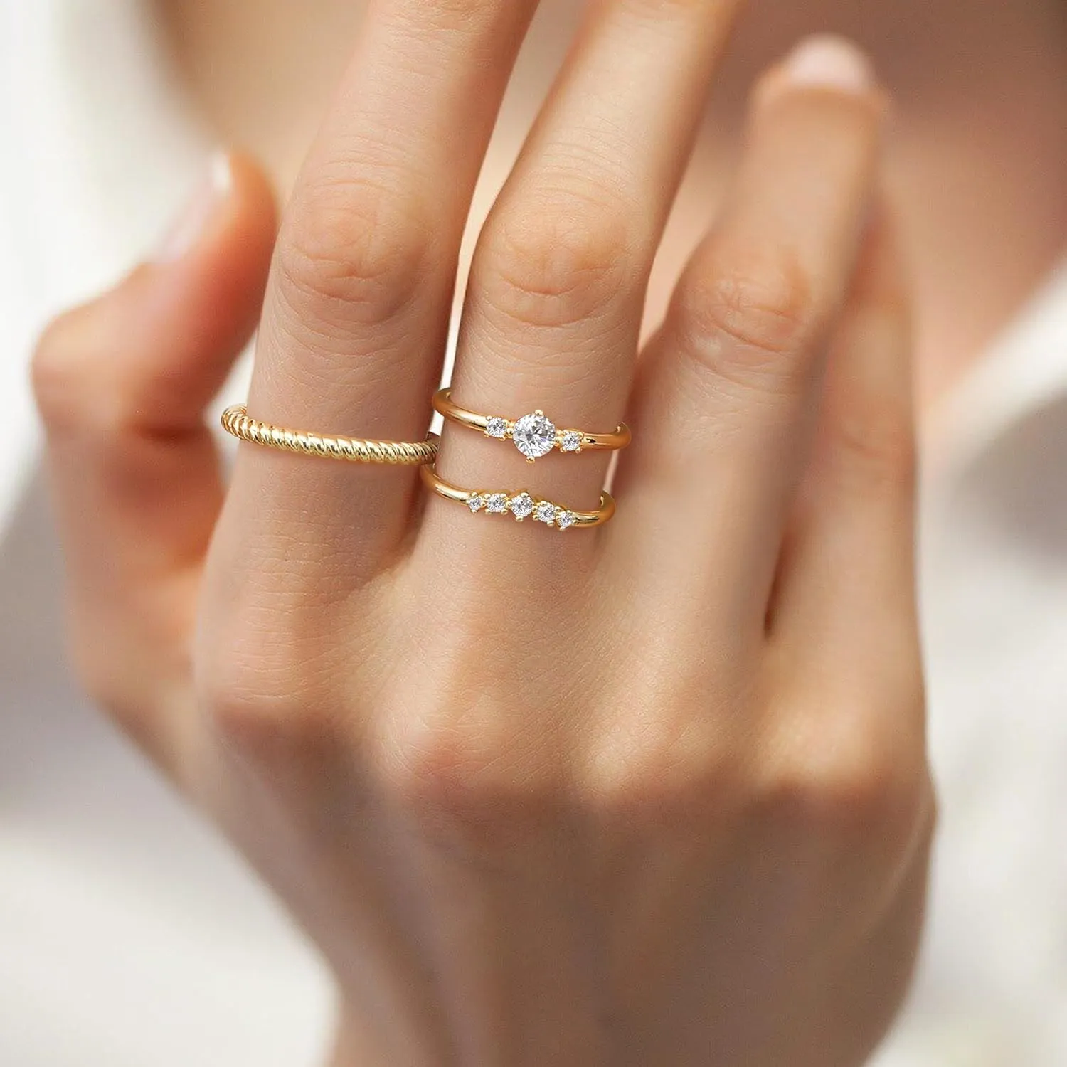 Dochais Dainty Cubic Zirconia Gold Rings for Women Non-Tarnish 14k Gold Plated Stackable Rings Wedding Engagement Finger Ring Set Size 5-9