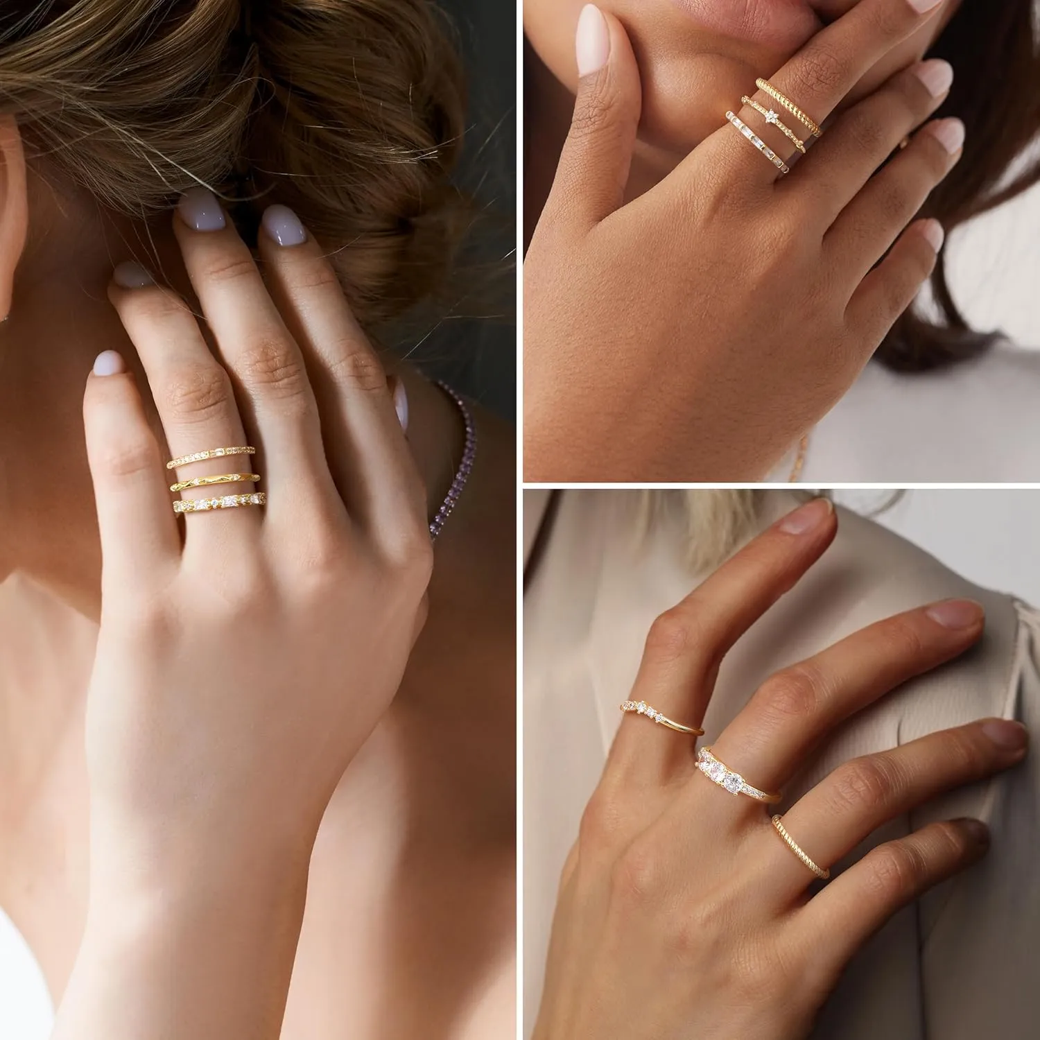 Dochais Dainty Cubic Zirconia Gold Rings for Women Non-Tarnish 14k Gold Plated Stackable Rings Wedding Engagement Finger Ring Set Size 5-9