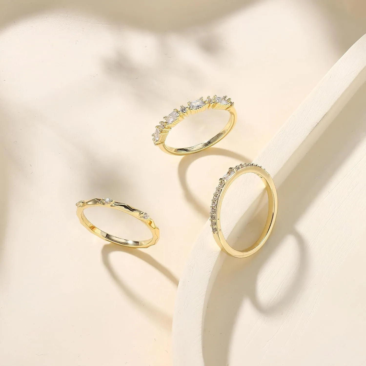 Dochais Dainty Cubic Zirconia Gold Rings for Women Non-Tarnish 14k Gold Plated Stackable Rings Wedding Engagement Finger Ring Set Size 5-9