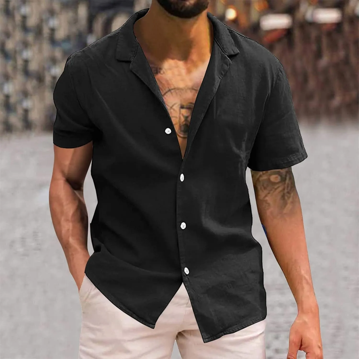 Dress Shirts for Men Wrinkle Free Cotton Linen Beach Shirts Bowling Shirts Black Button Down Shirt Men