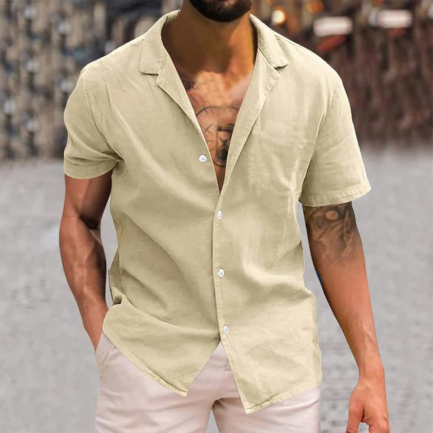 Dress Shirts for Men Wrinkle Free Cotton Linen Beach Shirts Bowling Shirts Black Button Down Shirt Men