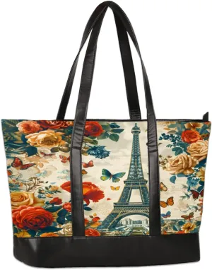 Eiffel Towel Art Laptop Tote Bag for Women Work Bags Purse Vintage Paris Teacher Handbag Shoulder Bag fits 13-15.6 inch Laptop Work Purse Office Briefcase Handbag