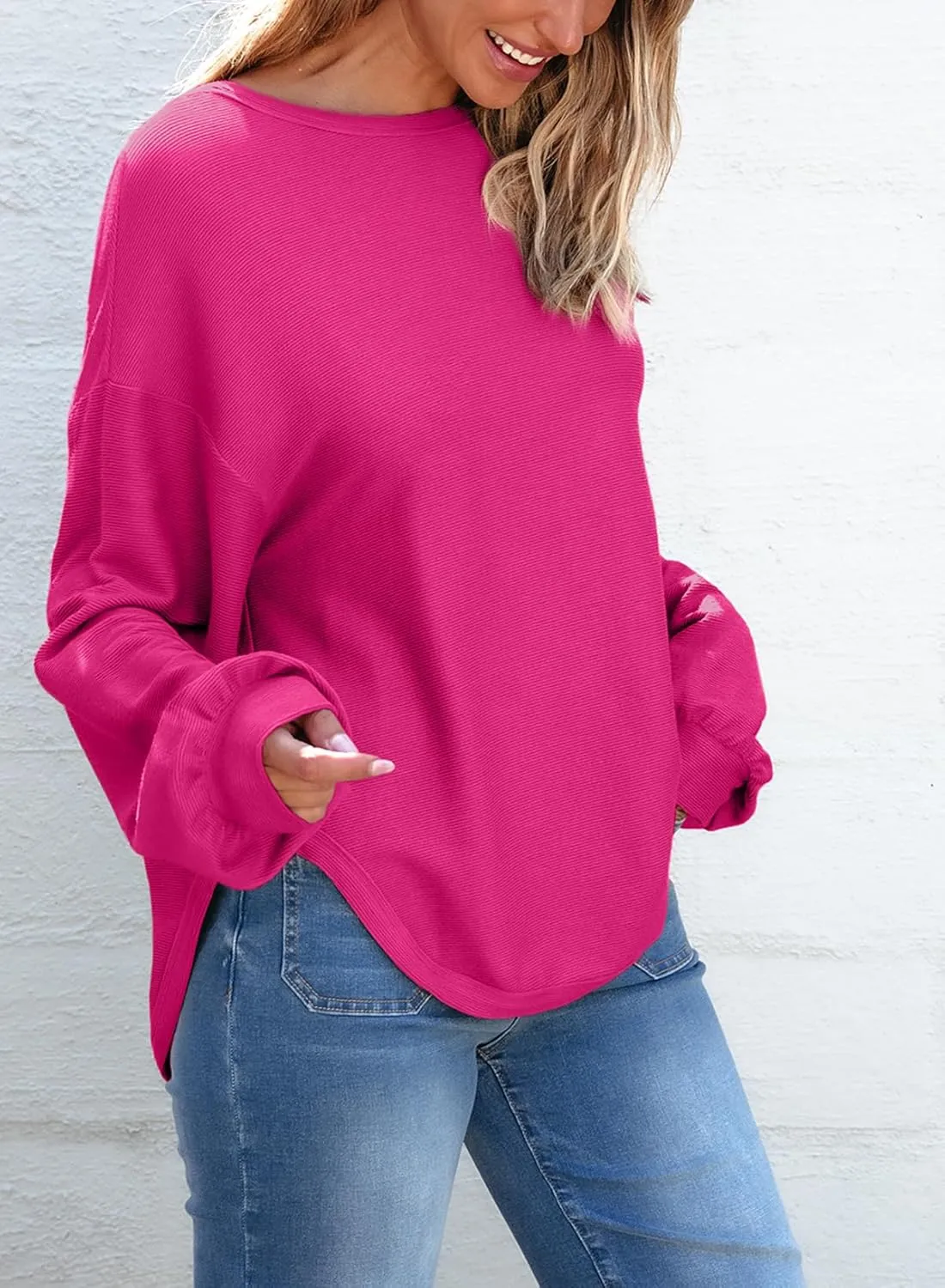 EVALESS Women's Long Sleeve Shirts Oversized Crewneck Trendy Tee Shirts Tops