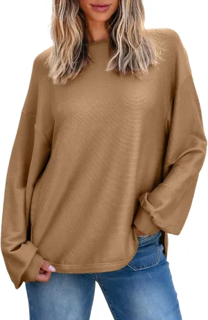 EVALESS Women's Long Sleeve Shirts Oversized Crewneck Trendy Tee Shirts Tops