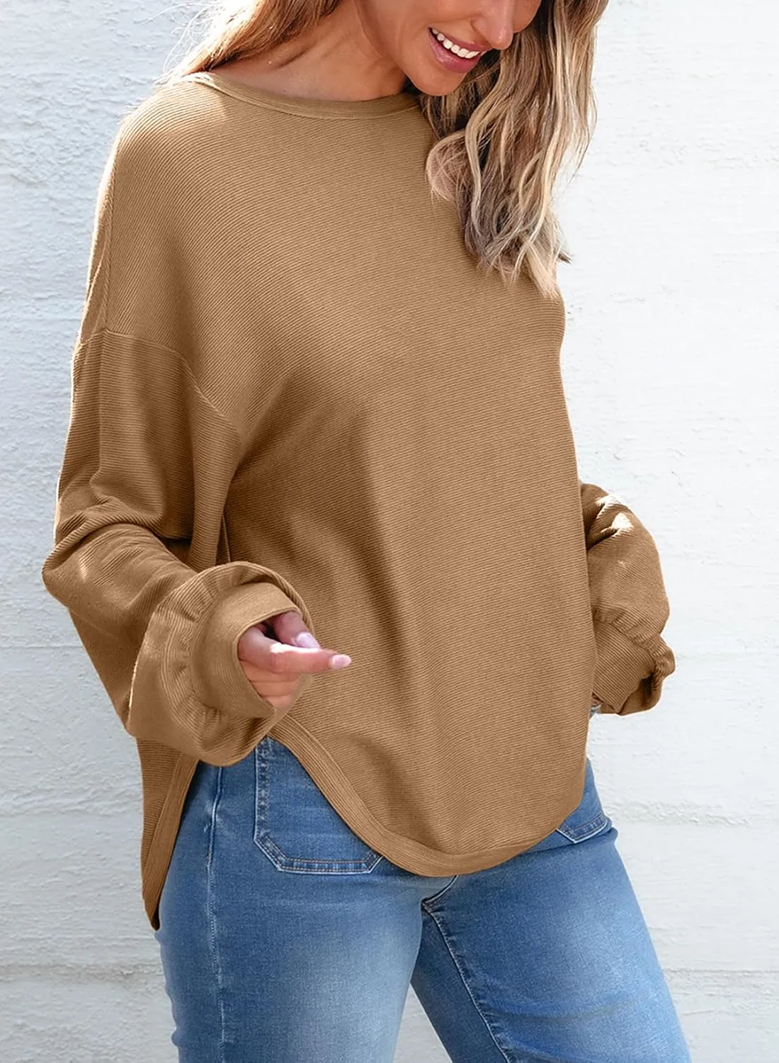 EVALESS Women's Long Sleeve Shirts Oversized Crewneck Trendy Tee Shirts Tops