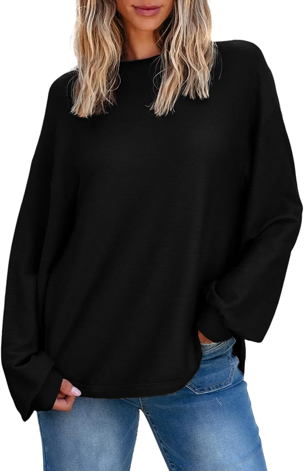 EVALESS Women's Long Sleeve Shirts Oversized Crewneck Trendy Tee Shirts Tops