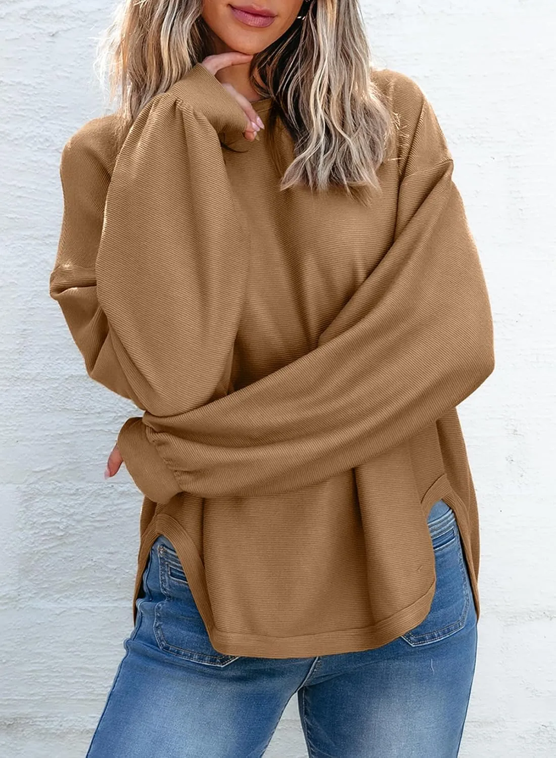 EVALESS Women's Long Sleeve Shirts Oversized Crewneck Trendy Tee Shirts Tops