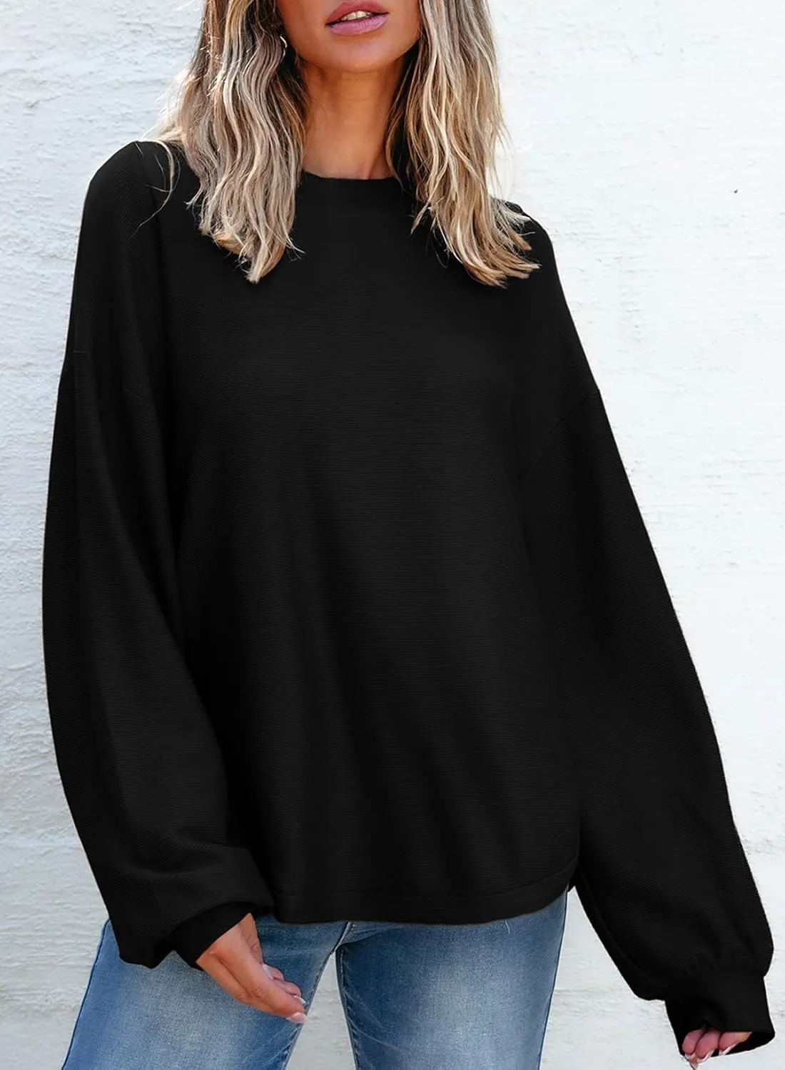 EVALESS Women's Long Sleeve Shirts Oversized Crewneck Trendy Tee Shirts Tops
