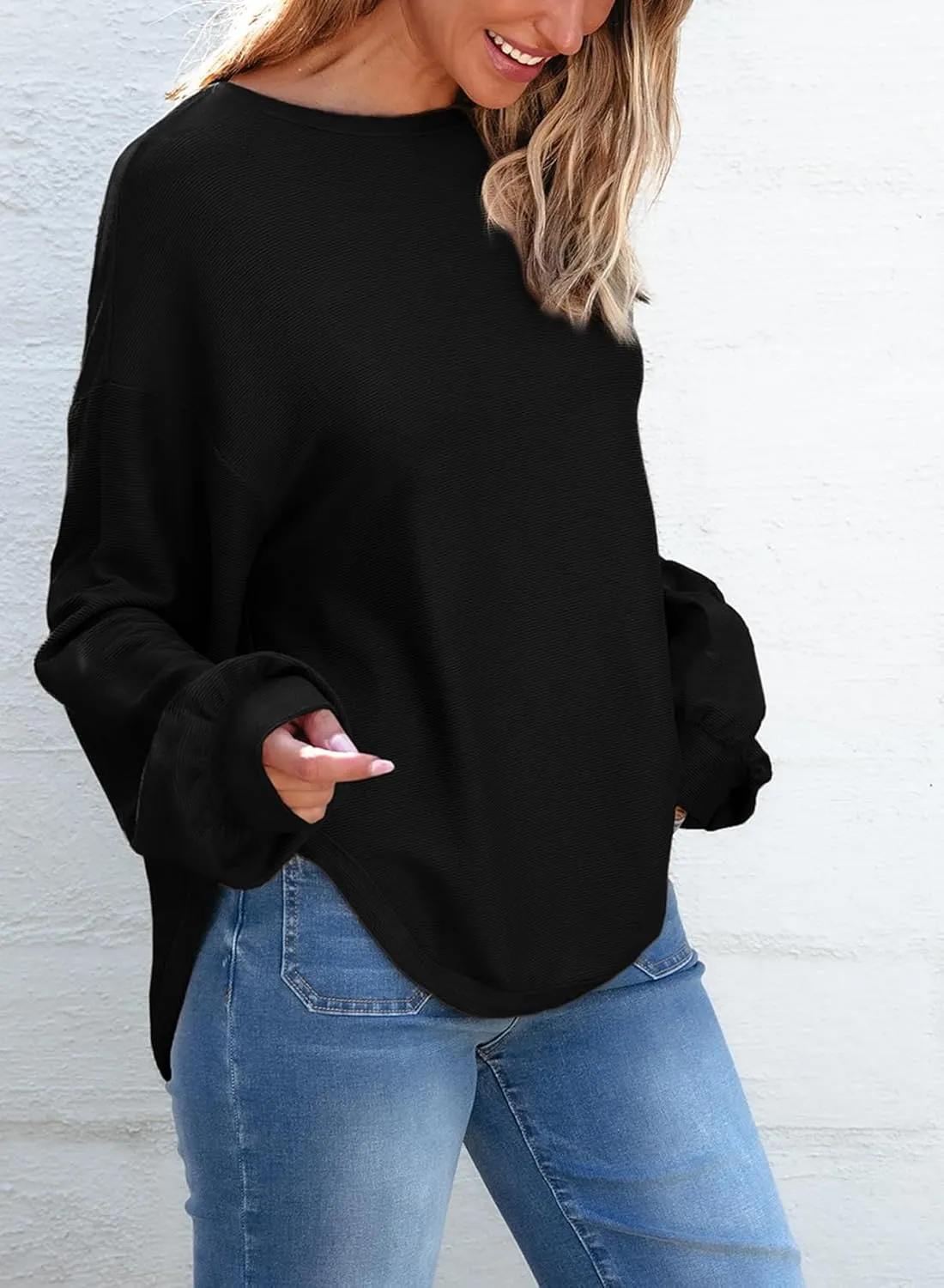 EVALESS Women's Long Sleeve Shirts Oversized Crewneck Trendy Tee Shirts Tops