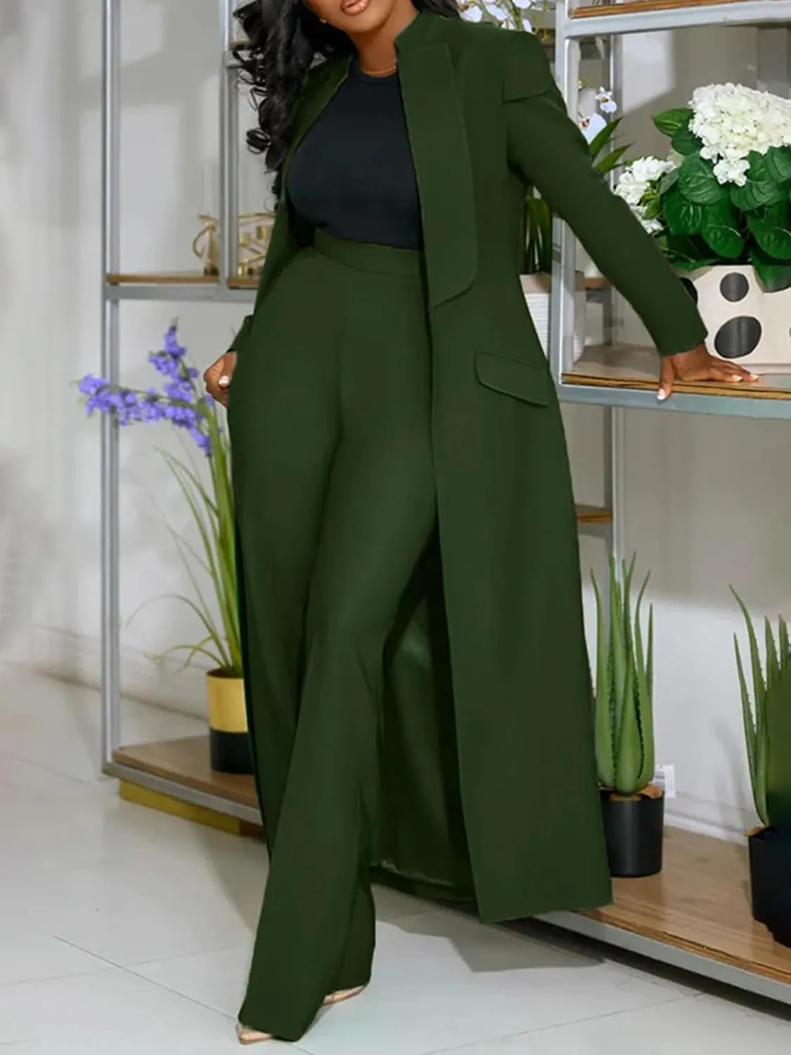 Famnbro Womens Suits 2 Piece Set Long Blazers Jacket Lapel and Straight Leg Pants Business Outfits