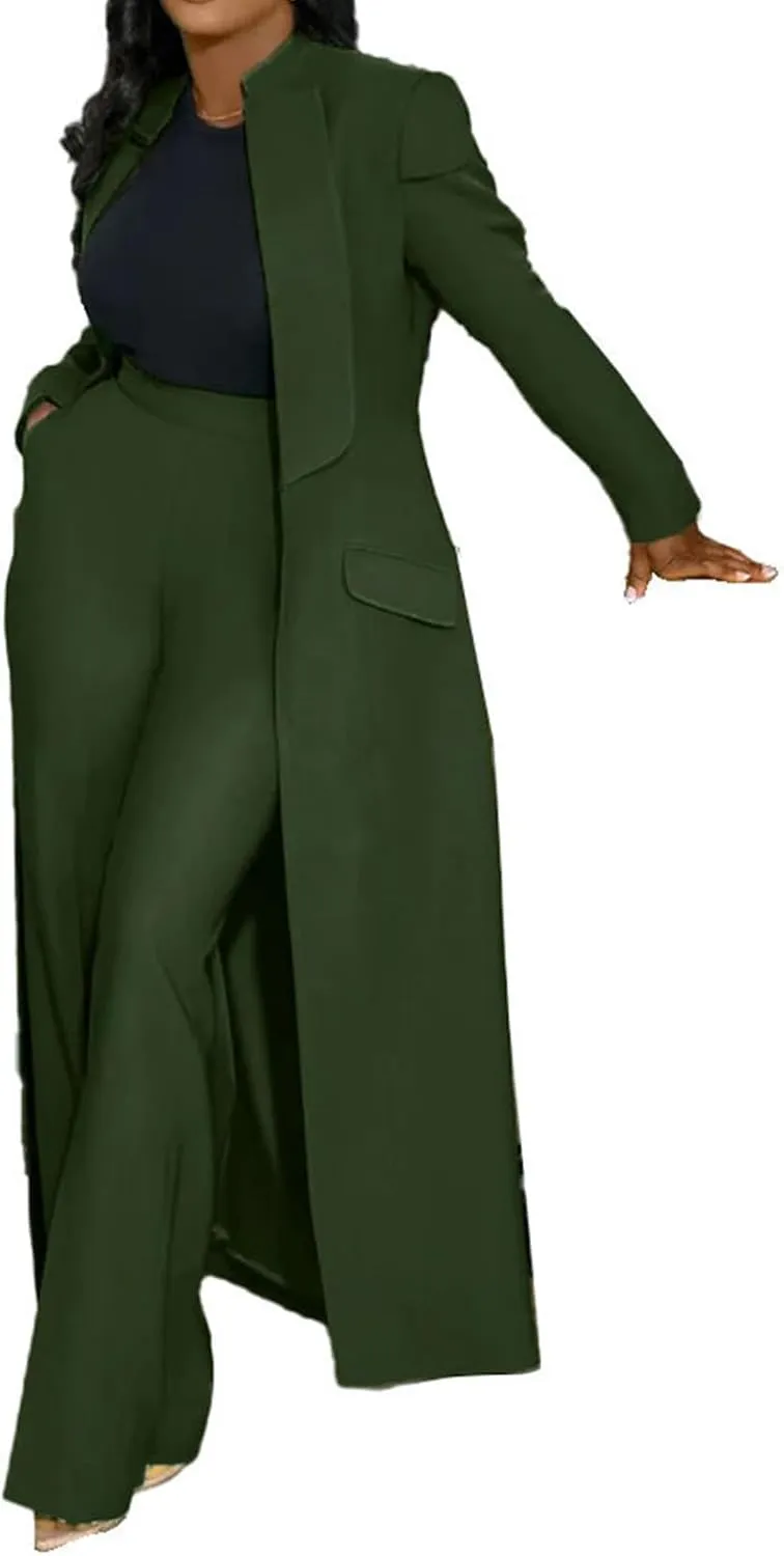 Famnbro Womens Suits 2 Piece Set Long Blazers Jacket Lapel and Straight Leg Pants Business Outfits