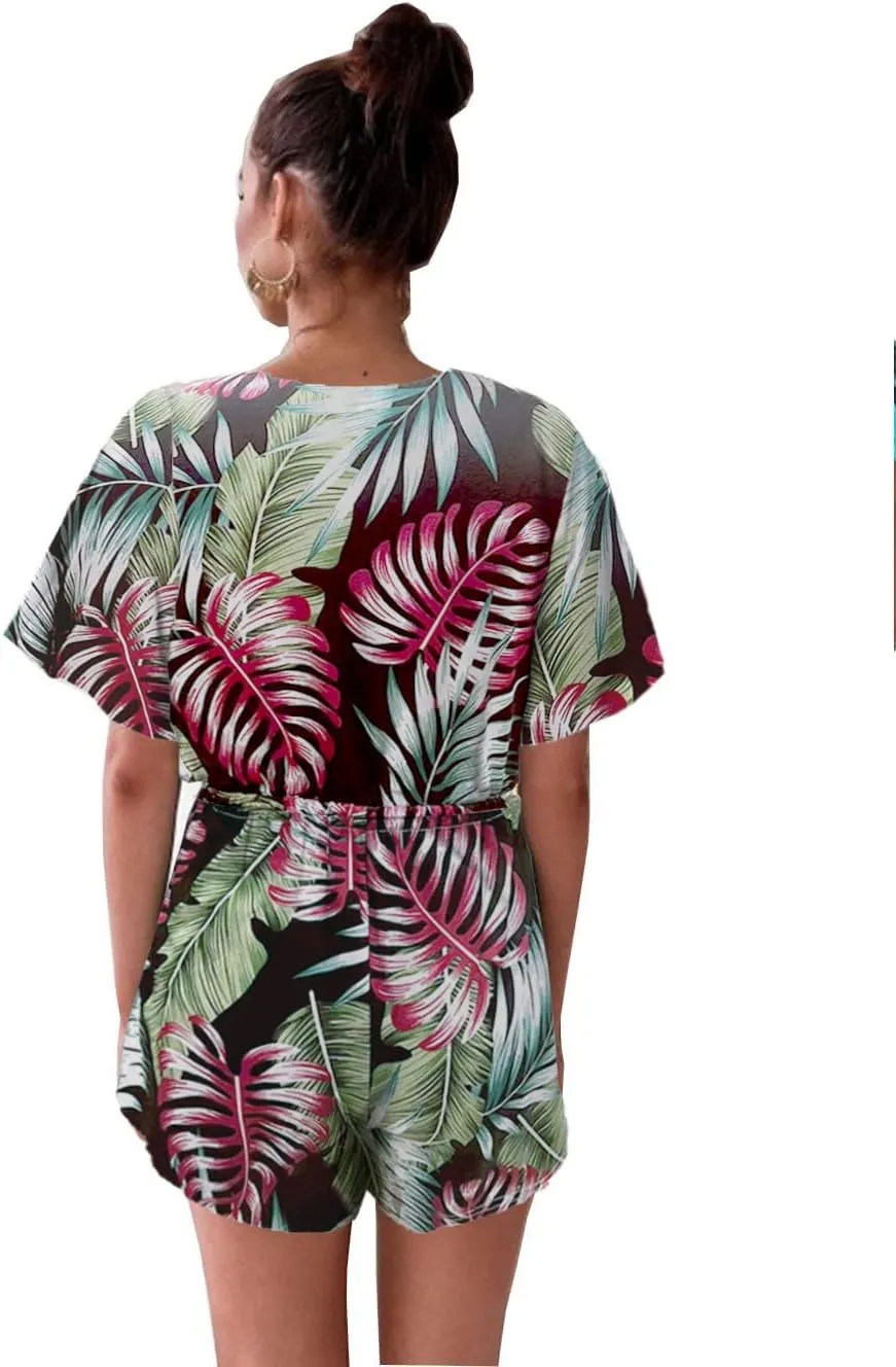 Famulily Women's Plunge V Neck Romper Printed Summer Beach Shorts Jumpsuits Playsuit