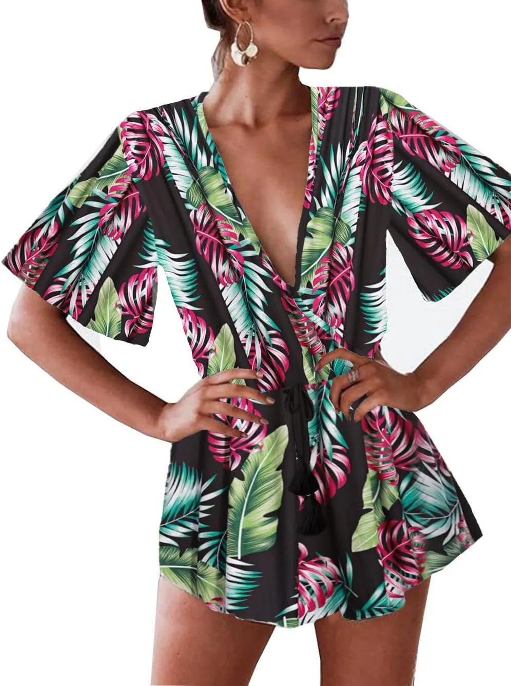 Famulily Women's Plunge V Neck Romper Printed Summer Beach Shorts Jumpsuits Playsuit
