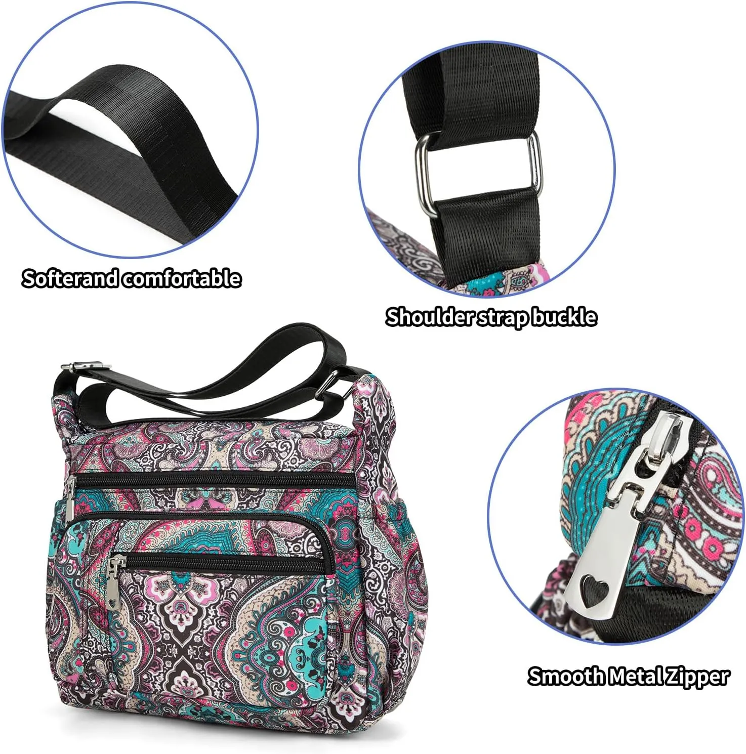 F.FETIVIN Women Floral Shoulder Handbag Roomy Multiple Pockets Bag Ladies Crossbody Lightweight Nylon Travel Purses