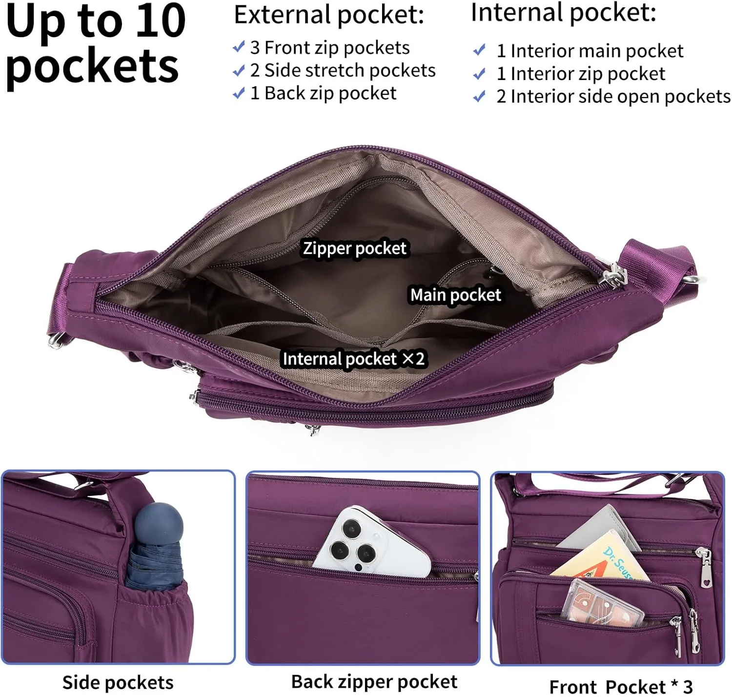 F.FETIVIN Women Floral Shoulder Handbag Roomy Multiple Pockets Bag Ladies Crossbody Lightweight Nylon Travel Purses