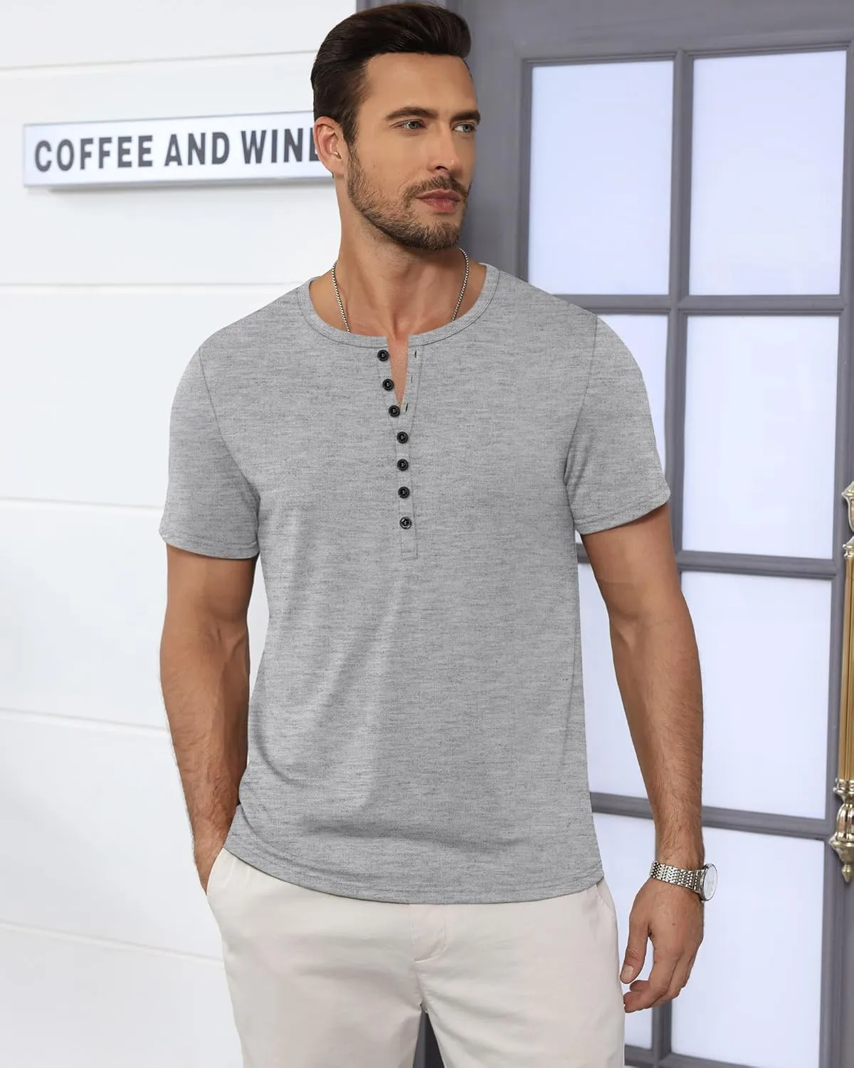 Ficerd 3 Pack Men's Big & Tall T-Shirts, Summer Short Sleeve Henley Shirts Casual Classic Vneck Button Oversized Tee Shirts
