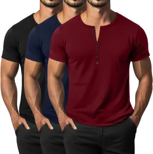 Ficerd 3 Pack Men's Big & Tall T-Shirts, Summer Short Sleeve Henley Shirts Casual Classic Vneck Button Oversized Tee Shirts