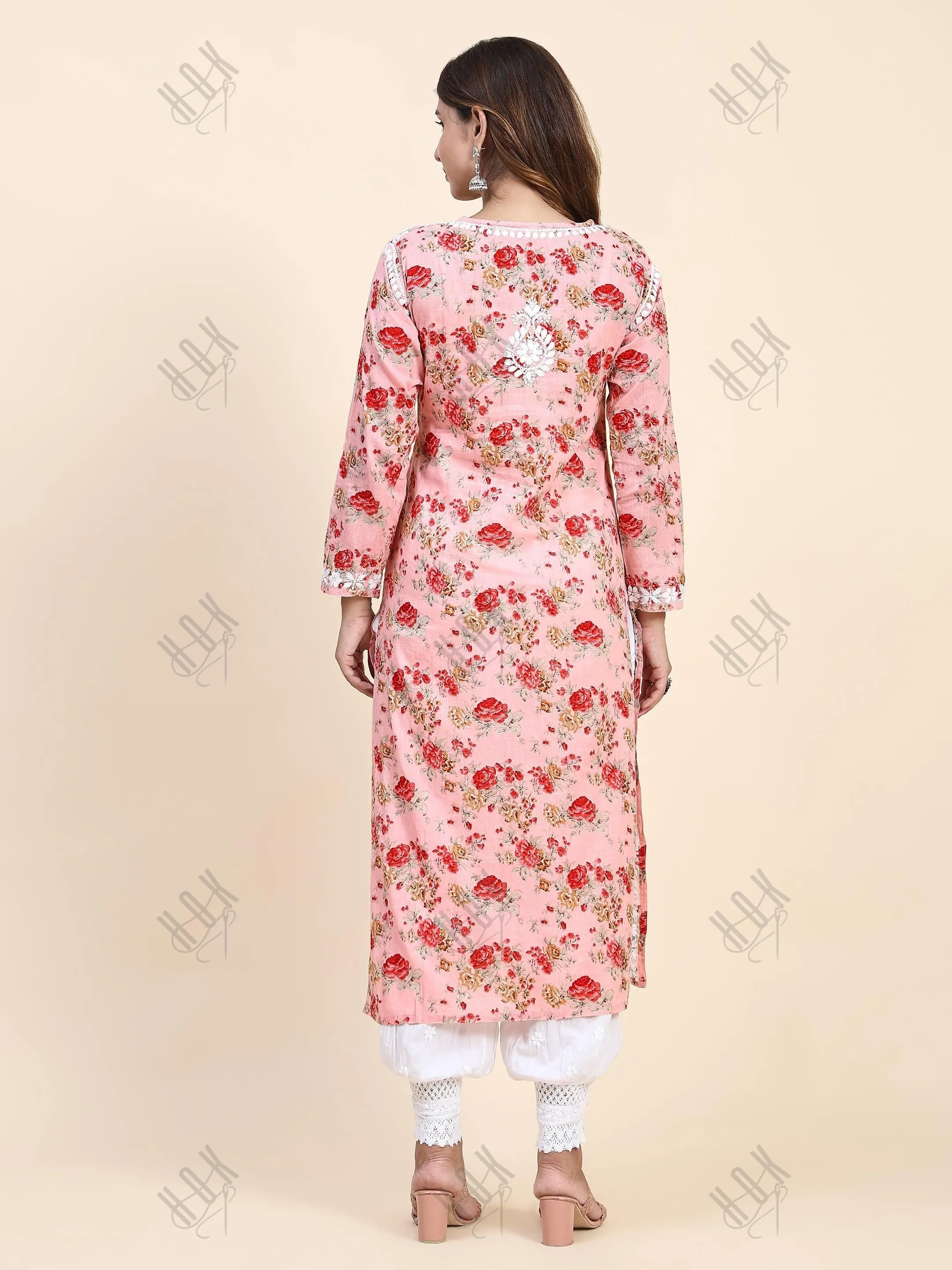 Fizaa Mul Printed  Hand Embroidery Chikankari Kurta- Pink
