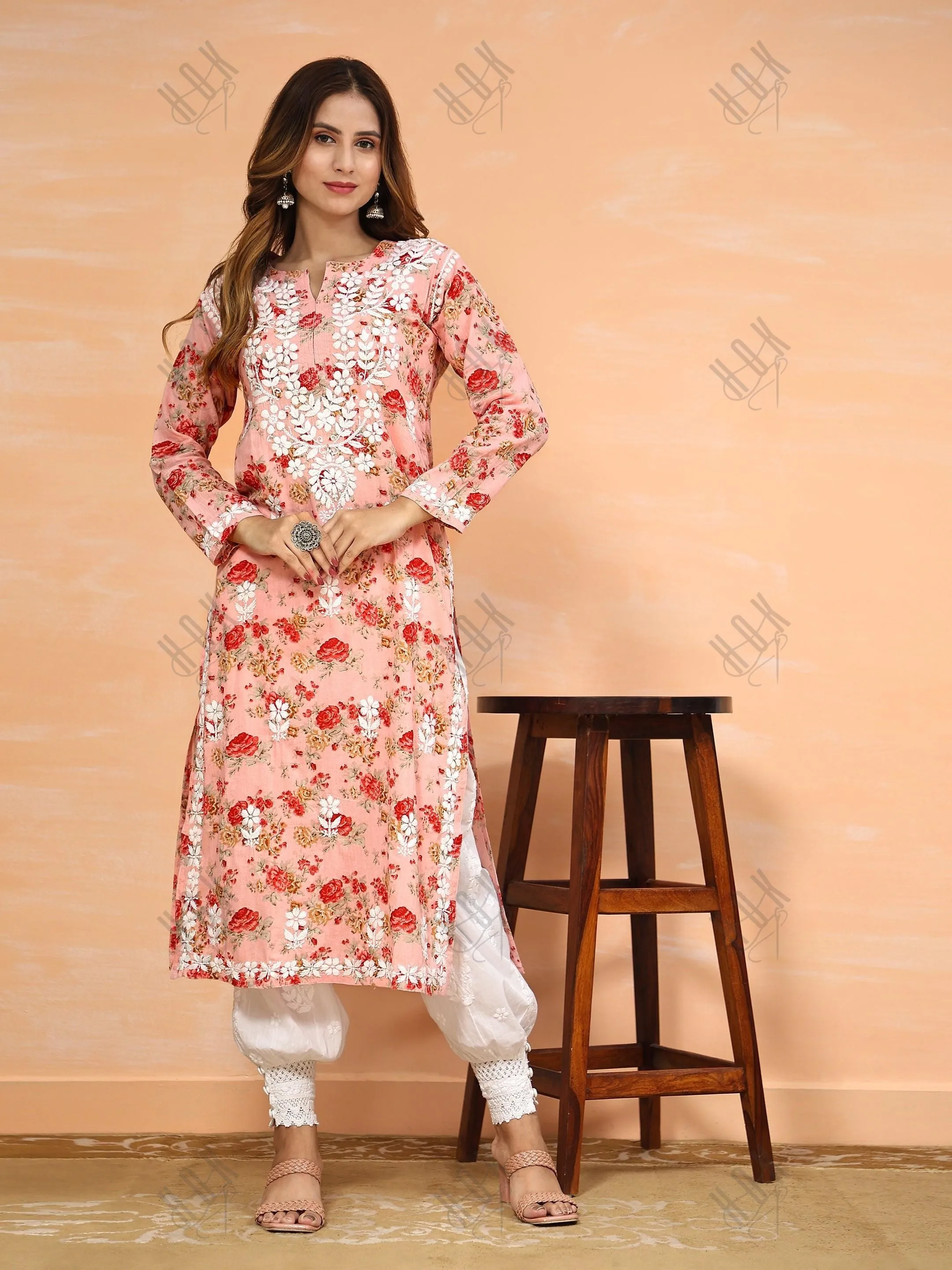 Fizaa Mul Printed  Hand Embroidery Chikankari Kurta- Pink