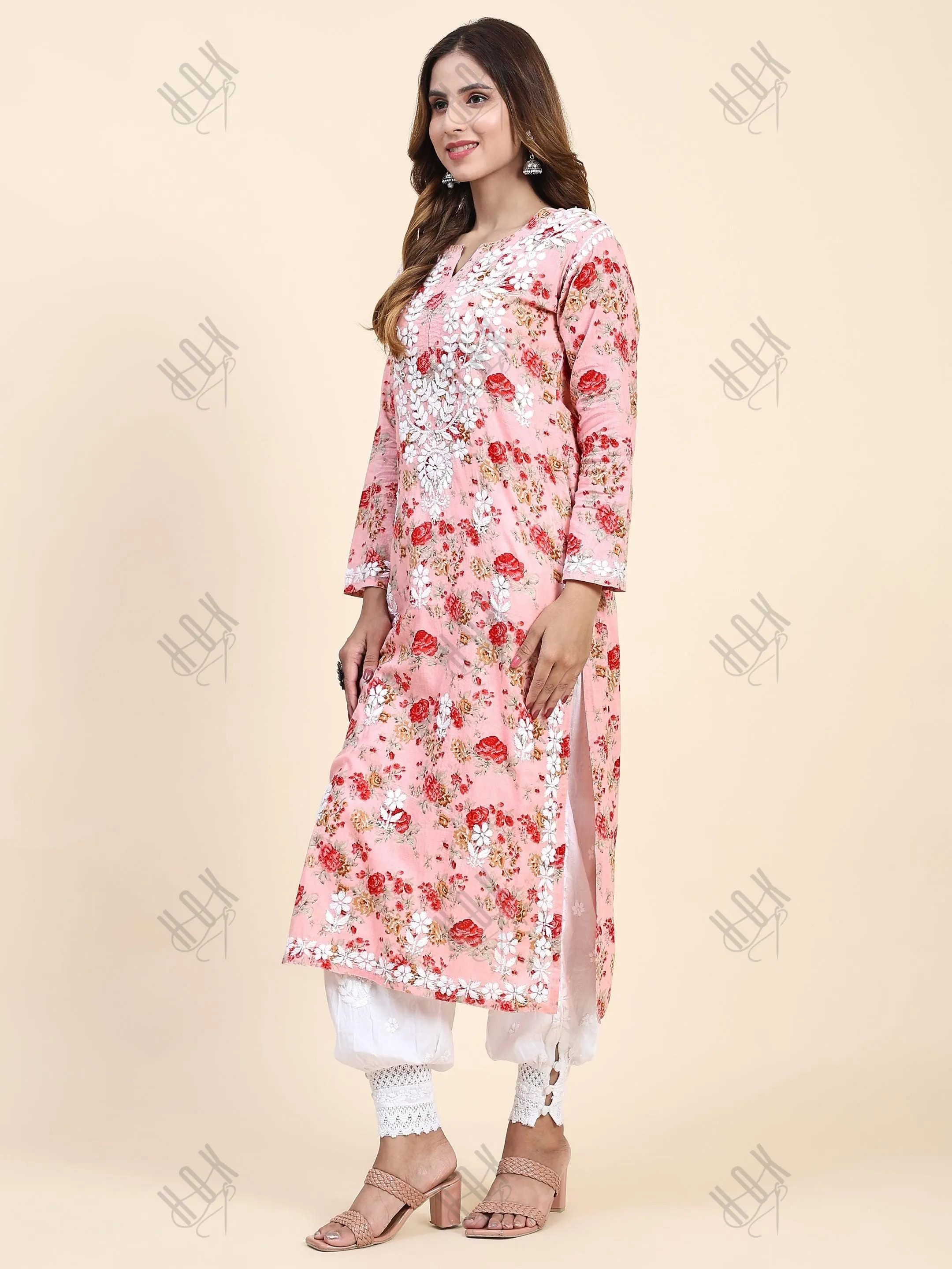 Fizaa Mul Printed  Hand Embroidery Chikankari Kurta- Pink