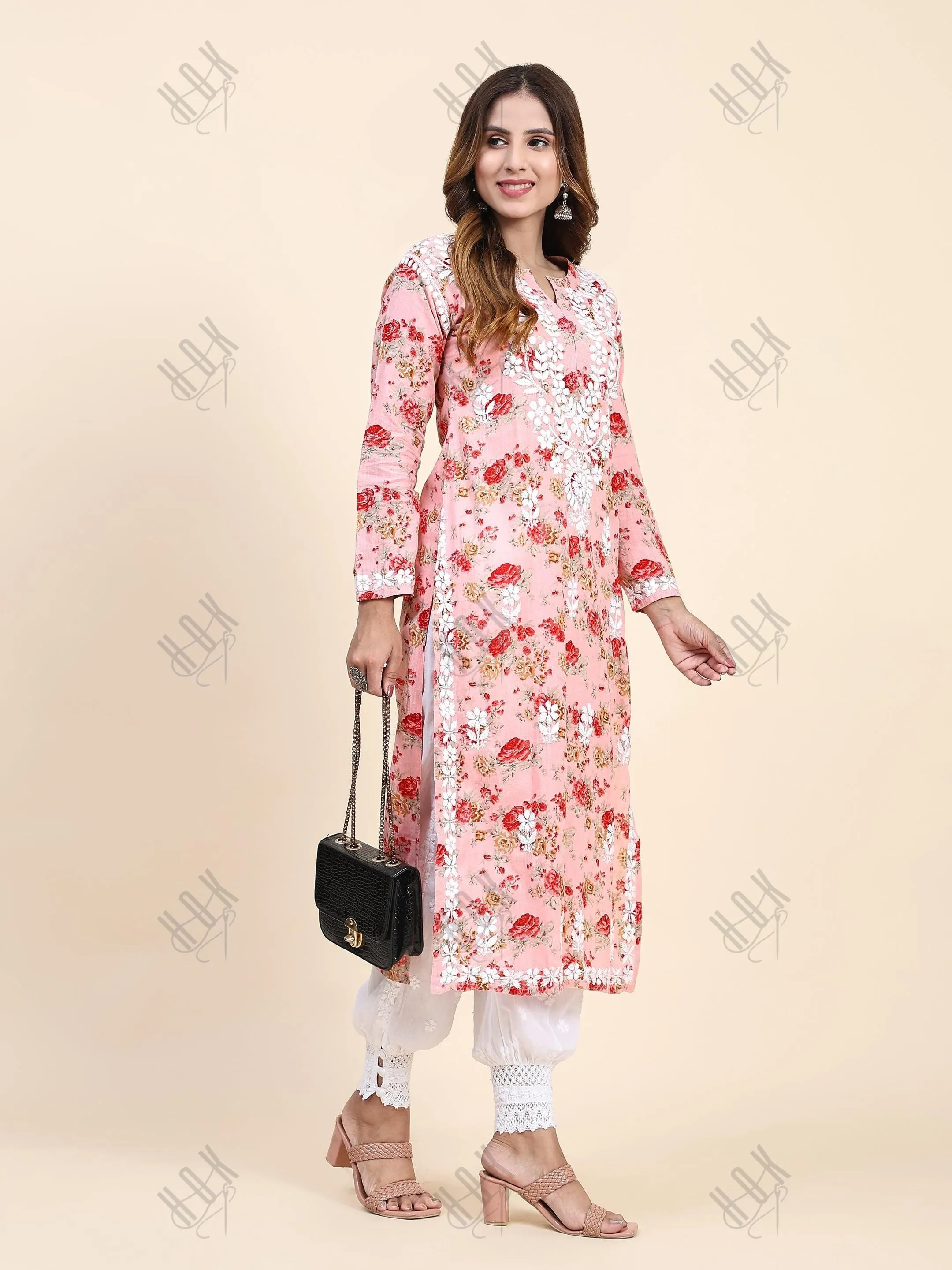 Fizaa Mul Printed  Hand Embroidery Chikankari Kurta- Pink