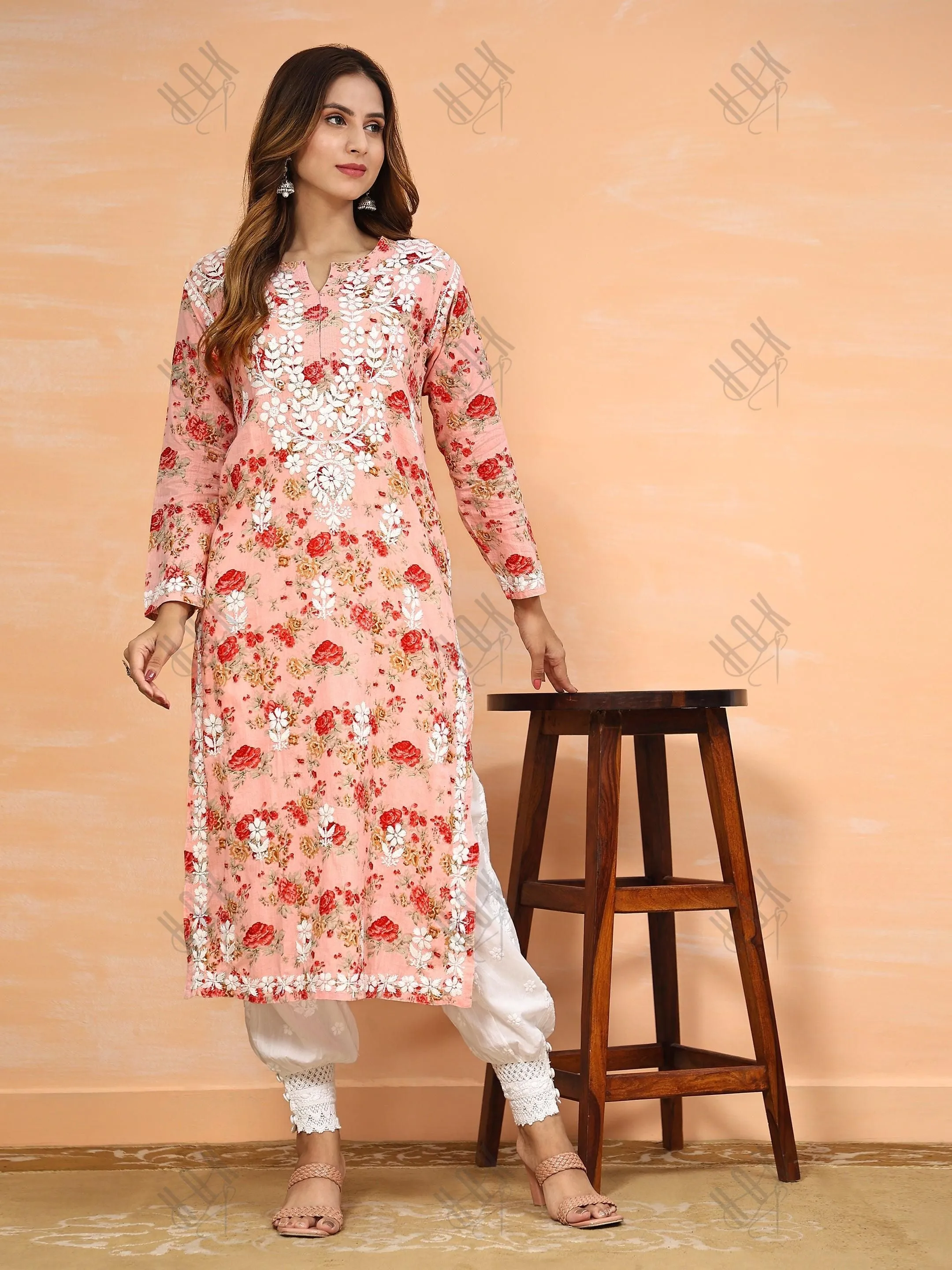 Fizaa Mul Printed  Hand Embroidery Chikankari Kurta- Pink