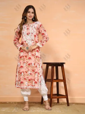 Fizaa Mul Printed  Hand Embroidery Chikankari Kurta- Pink