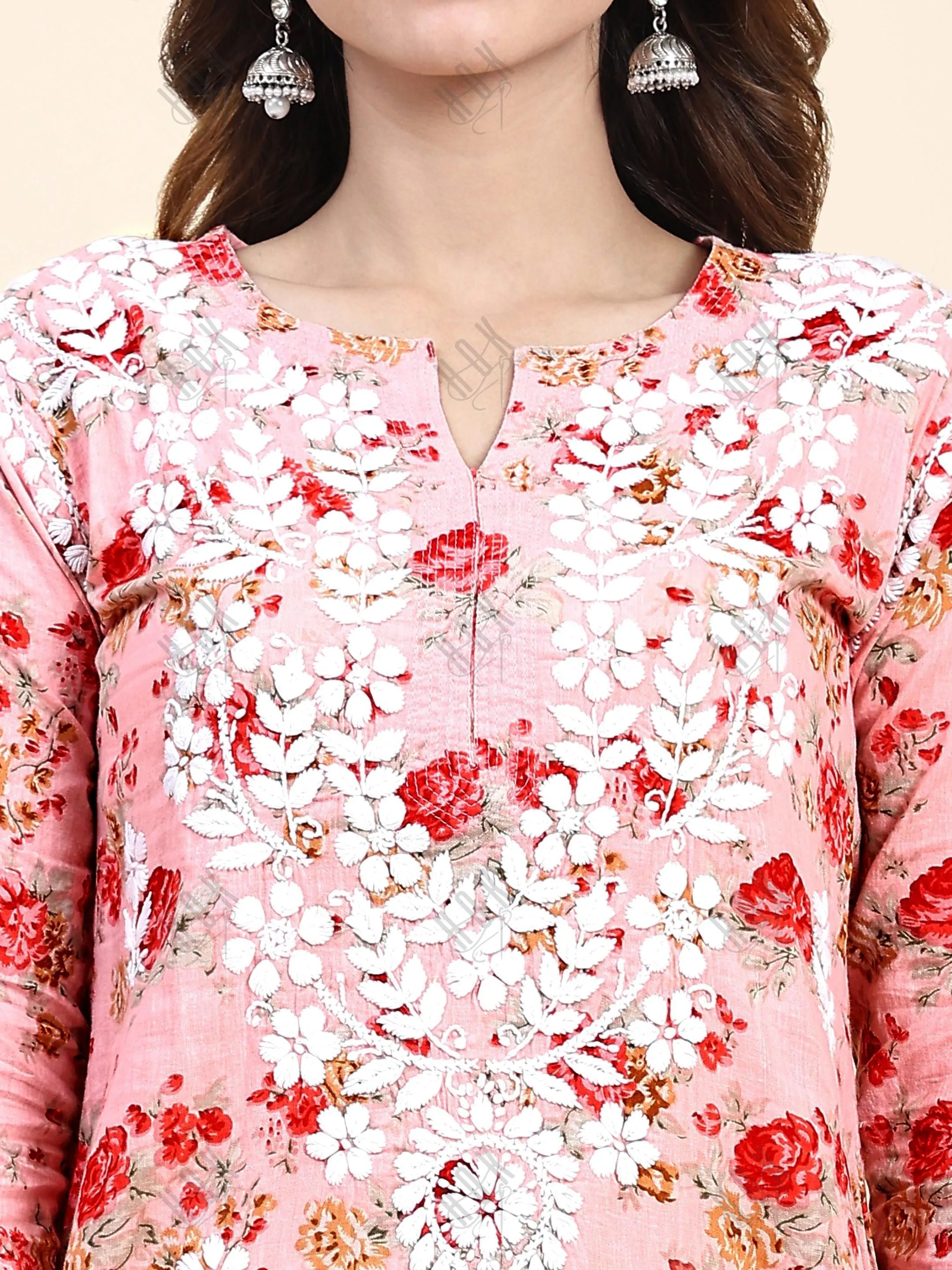 Fizaa Mul Printed  Hand Embroidery Chikankari Kurta- Pink