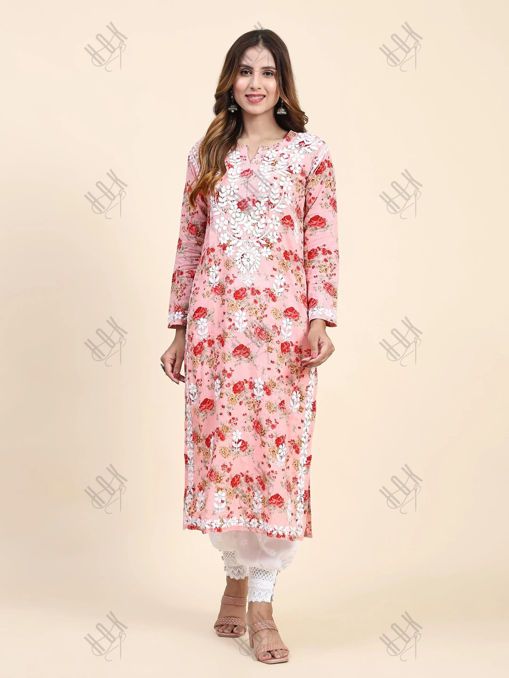 Fizaa Mul Printed  Hand Embroidery Chikankari Kurta- Pink