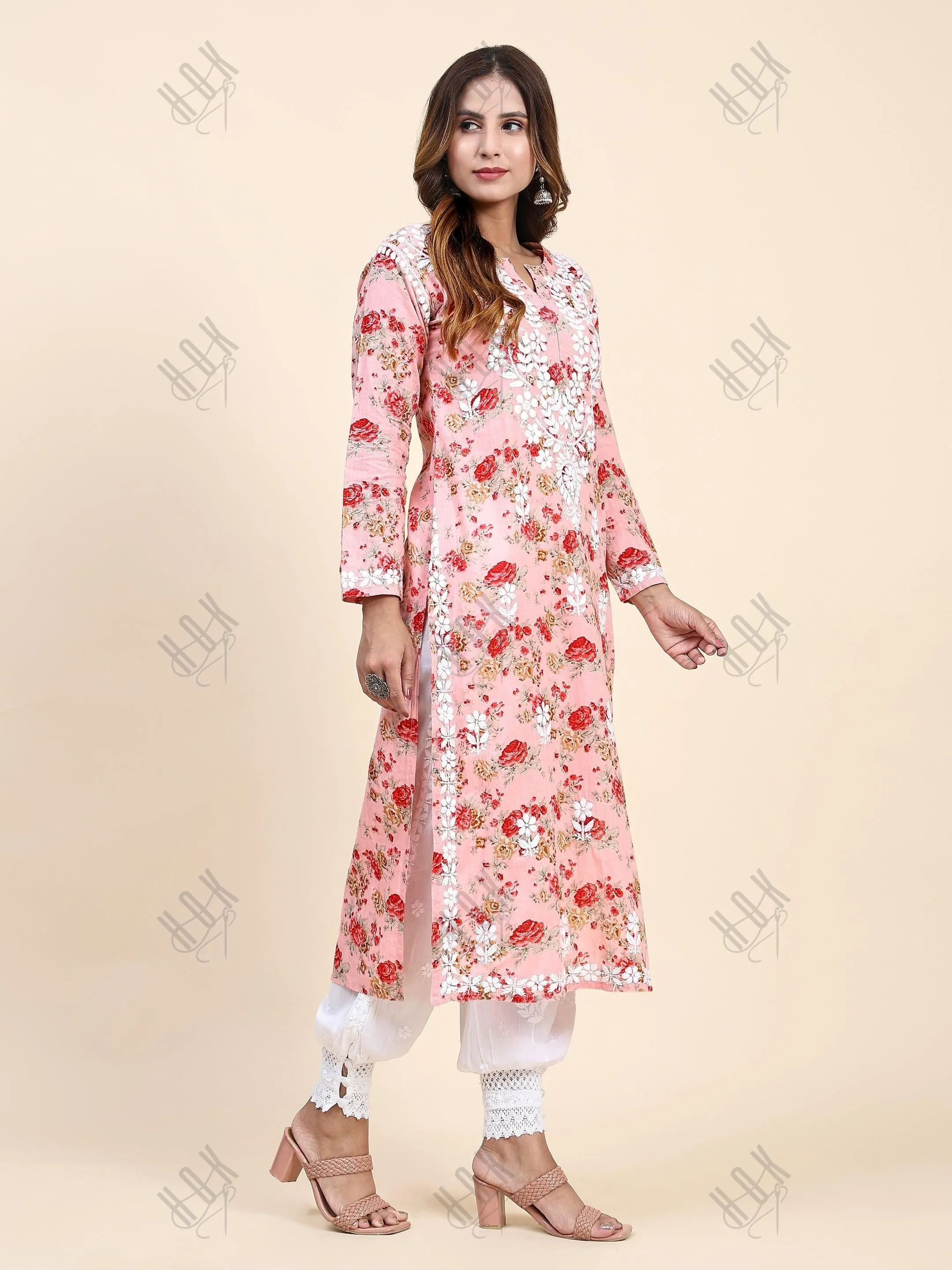 Fizaa Mul Printed  Hand Embroidery Chikankari Kurta- Pink