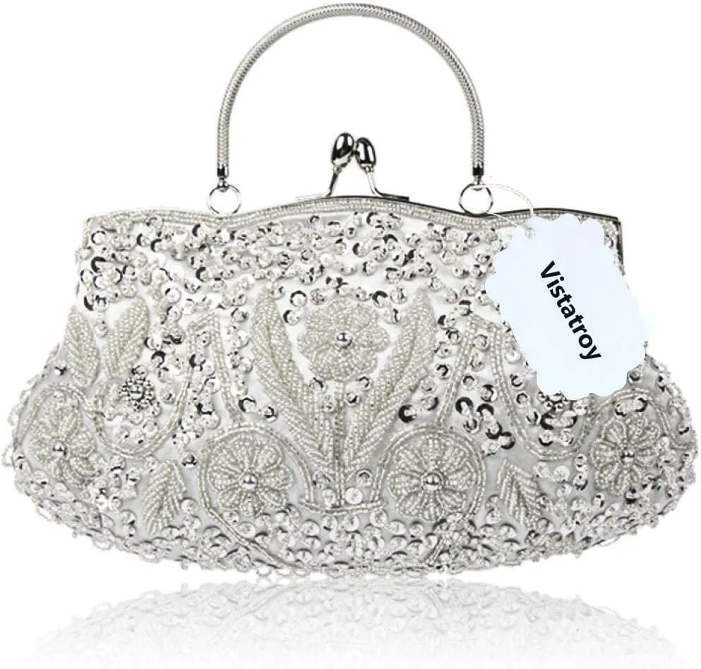 Floral Designer Evening Bag Beaded Sequin Design Vintage Kissing Lock Satin Clutch Purse Bag Wedding Party Clutch