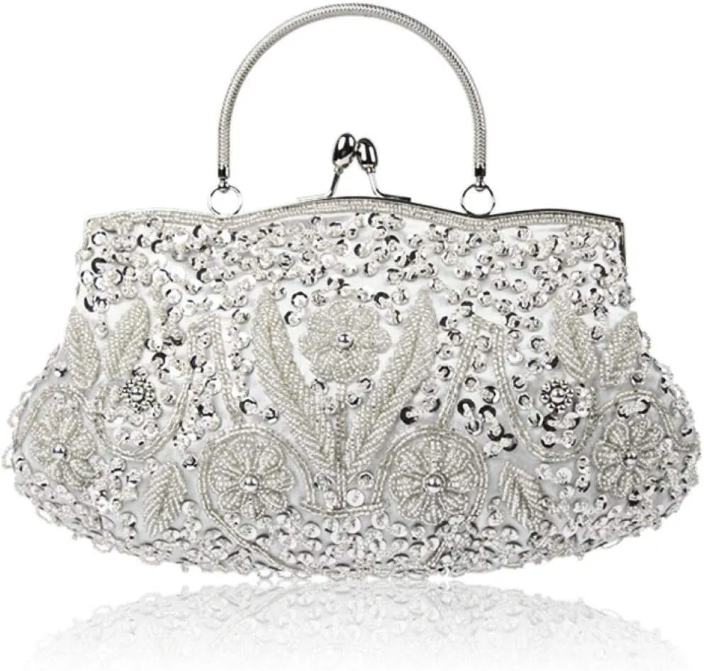 Floral Designer Evening Bag Beaded Sequin Design Vintage Kissing Lock Satin Clutch Purse Bag Wedding Party Clutch