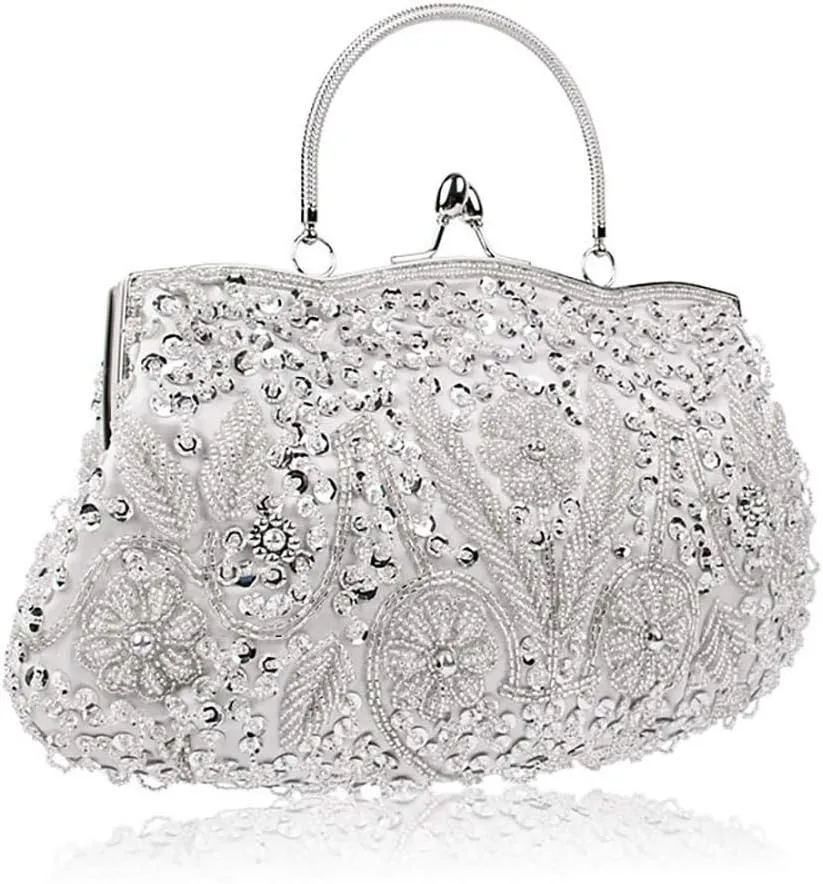 Floral Designer Evening Bag Beaded Sequin Design Vintage Kissing Lock Satin Clutch Purse Bag Wedding Party Clutch