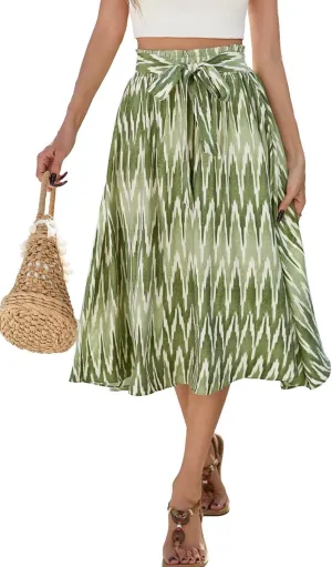 Flowy Skirt Mid Length High Waist A-Line Floral Print Skirts with Pockets Bohemia Stylish Dress Green Brushstroke L