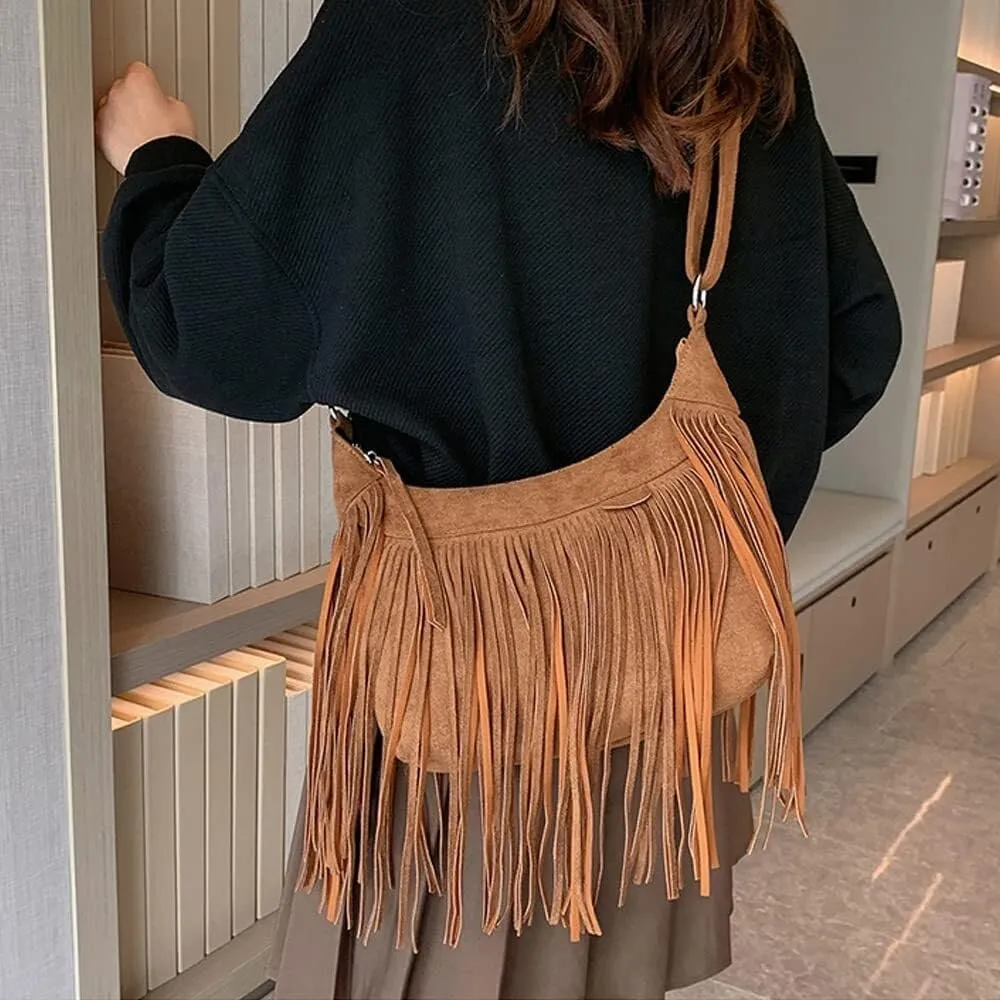 Fringe Handbags for Women Vintage Suede Hobo Purse Shoulder Crossbody Bohemian Messenger Bags Zip Satchel