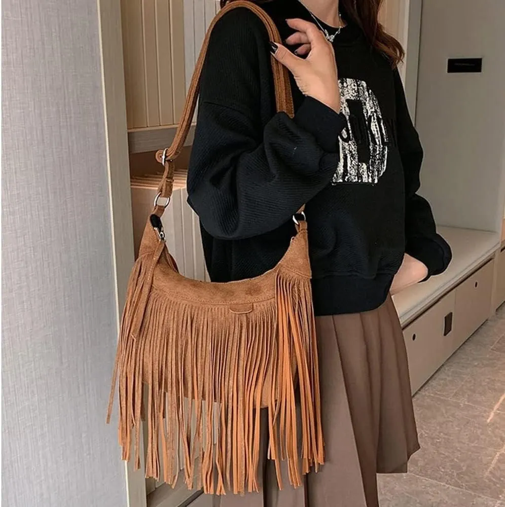 Fringe Handbags for Women Vintage Suede Hobo Purse Shoulder Crossbody Bohemian Messenger Bags Zip Satchel