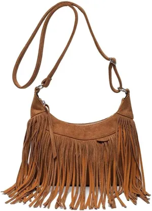Fringe Handbags for Women Vintage Suede Hobo Purse Shoulder Crossbody Bohemian Messenger Bags Zip Satchel