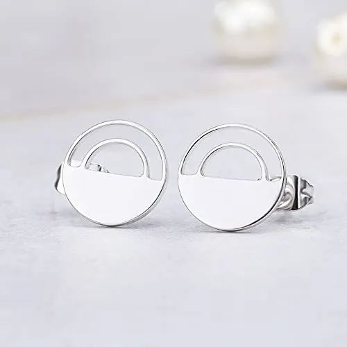 Geometric Circle Earrings,Circle Studs,Earrings,Round,Statement Earrings,Half Circle Earrings,Half Moon Earrings,Minimalist Earrings,Semi (Silver)