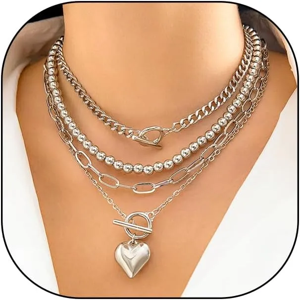 GIGB PBDK 4Pcs Beaded Heart Necklace Sets for Women Gold Layered Stackable Paper Clip Chain Choker Punk Heart Link Collarbone Necklace Jewelry Gifts