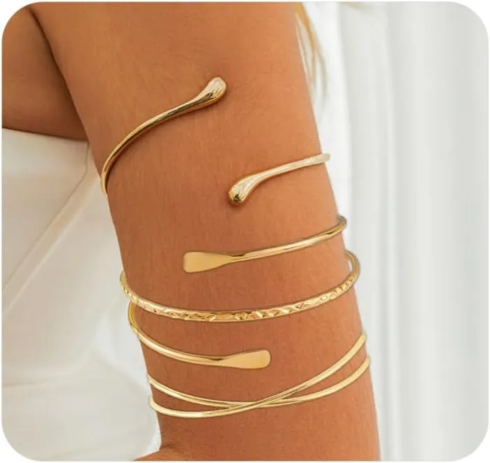 GIGB PBDK Gold Arm Cuff Upper Bracelet Set for Women Minimalism Adjustable Boho Layered Armband Bangle Stackable Coil Arm Bracelet Set Jewelry for Beach Holiday